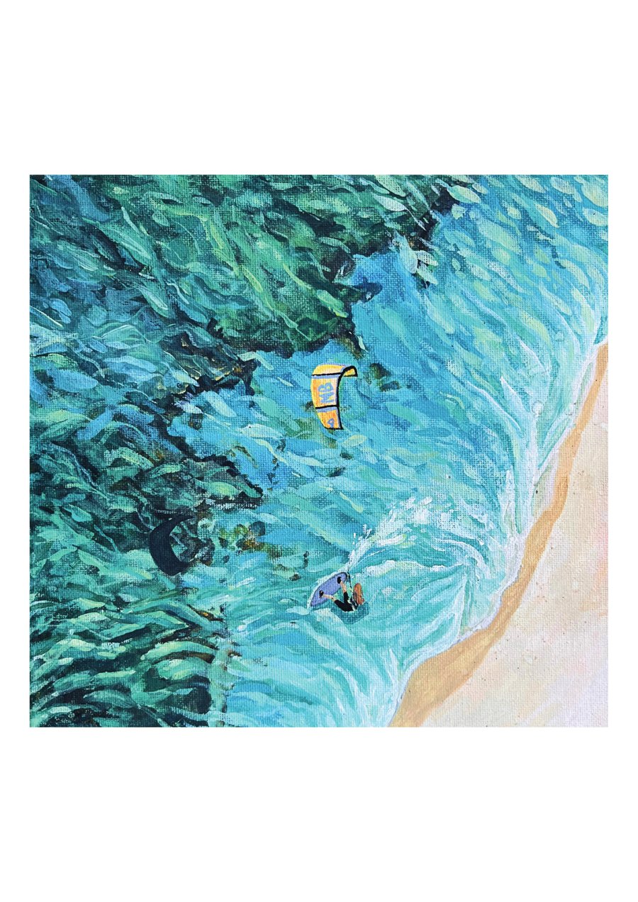 Meeting with the Board, painting of a kiteboarder in turquoise water